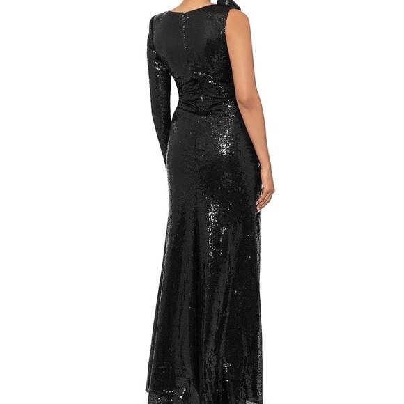 AQUA One Sleeve Sequin Gown Women's 4 Black Round Neck Rosette Detail Back Zip - Picture 2 of 2